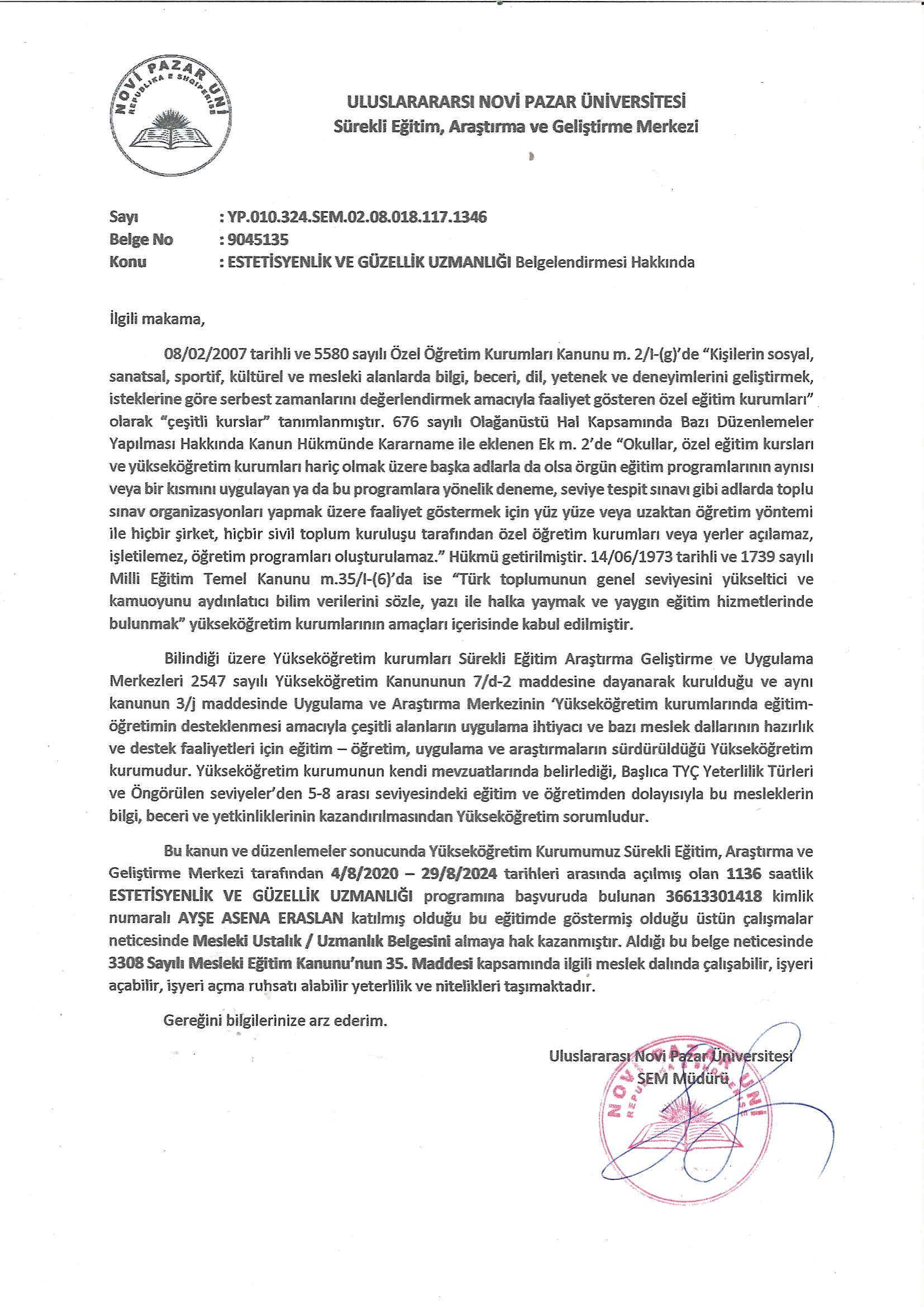 Kurs Bitirme Belgesi